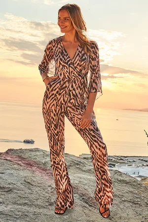 Sosandar Womens Natural Animal Print Satin Wrap Front Wide Leg Jumpsuit - - Size 8 Long