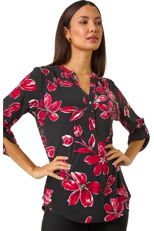 Roman Womens Textured Floral Print V-Neck Stretch Shirt - - Size 20 UK