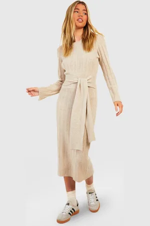 Boohoo Womens Mixed Rib Soft Knit Belted Jumper Dress - - Size Medium