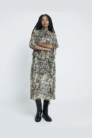 River Island Womens Midi Dress Leopard Print Frill - Size 12 UK