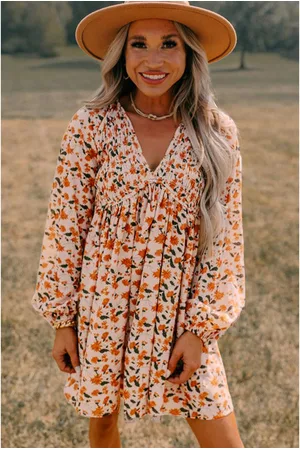Azura Exchange Womens Floral Deep V Neck Smocked Bust Bubble Sleeve Babydoll Dress Viscose - Size Medium