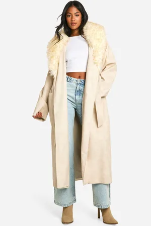 Boohoo Womens Tall Faux Fur Collar Vintage Look Leather Trench Coat - - Size 6 UK