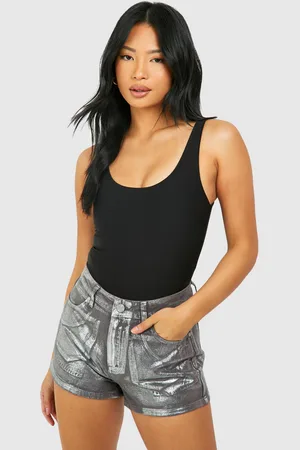 Boohoo Womens Petite Silver Metallic Denim Shorts - Cotton - Size 10 UK