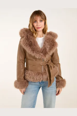 Blue Vanilla Womens Hooded Zip Faux Fur Cropped PU Jacket - - Size 10 UK