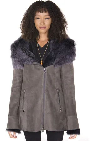 Infinity Womens Grey Suede Hooded Merino Sheepskin Coat-Monrovia - - Size 22 UK