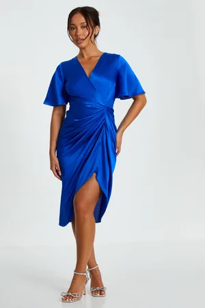 Quiz Womens Petite Satin Ruched Wrap Midi Dress - Size 10 UK