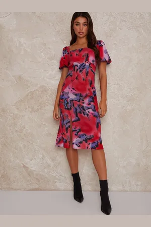 Chi Chi London Womens Square Neck Abstract Print Midi Dress in Multi - - Size 14 UK
