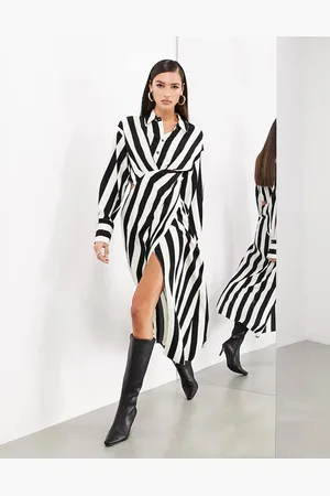 ASOS Womens satin long sleeve shirt dress in monochrome stripe- - Size 8 UK