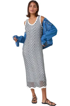 Roman Womens Zig Zag Crochet Knit Bodycon Midi Dress - Denim - Size 18 UK