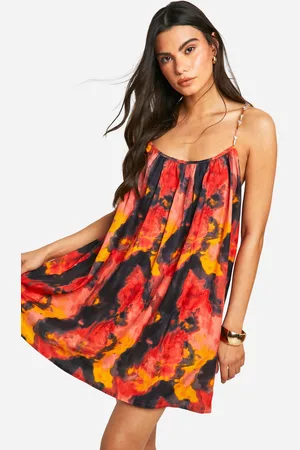 Boohoo Womens Printed Beaded Strap Linen Look Mini Dress - viscose - Size 10 UK