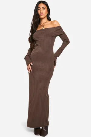 Boohoo Womens Wide Rib Bardot Maxi Dress - Cotton - Size 14 UK