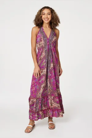 Izabel London Womens Multi Paisley Halter Neck Maxi Dress Satin - Size 8 UK