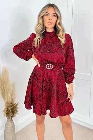 Ax Paris Womens Leopard Print Gold Belted Skater Dress - Size 8 UK