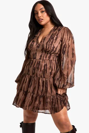 Boohoo Womens Plus Animal Print Tiered Chiffon Smock Dress - - Size 18 UK