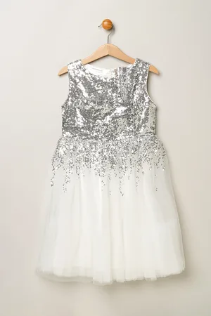 MISS Girls Sequin Twist Bow Waterfall Dress - - Size 7-8Y