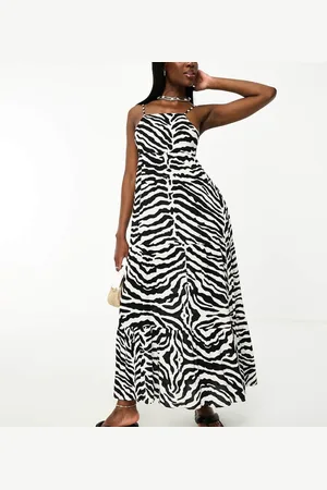Iisla & Bird Womens tiered maxi beach dress in black and zebra print-Multi - Size 6 UK