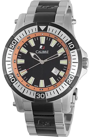 Calibre Mens Hawk Date Swiss Made Movement Watch Stainless Steel Strap Black Dial - One Size