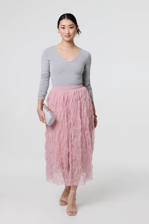 Izabel London Womens Ruffled High Waist Semi Sheer Midi Skirt - Size 10 UK
