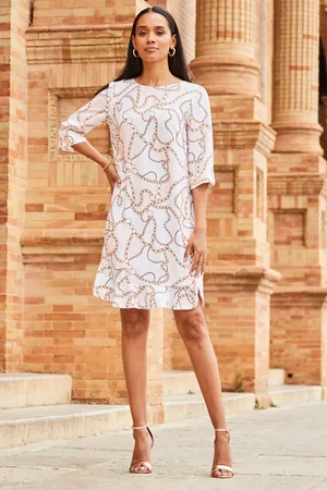 Sosandar Womens & Pink Chain Print Ruffle Hem Shift Dress - Size 6 Regular