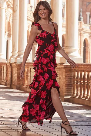 Sosandar Womens Black & Floral Print Ruffle Detail Maxi Dress - Size 12 UK