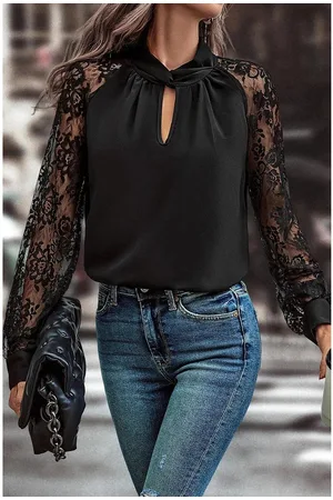 Azura Exchange Womens Keyhole Neckline Floral Lace Raglan Sleeve Blouse - Size Medium