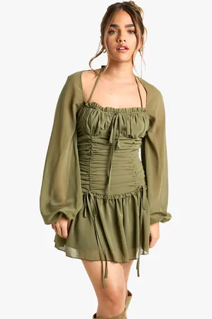 Boohoo Womens Petite Chiffon Ruched Milkmaid Skater Dress - - Size 10 UK