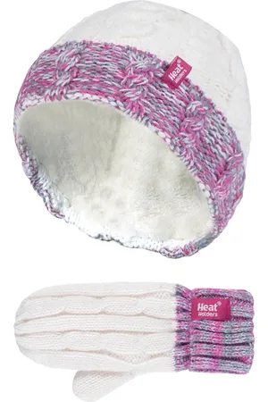 Heat Holders Boys - Kids Girls Fleece Lined Knitted Striped Colourful Winter Thermal Hat and Mittens Set - SC2P12 - - Size 4-6Y