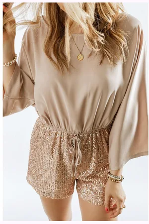 Azura Exchange WoMens Sequin Patchwork Drawstring High Waist Romper in - Size Small