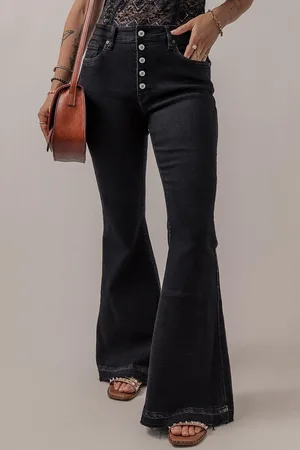 Azura Exchange Womens High Waist Button Front Flare Jeans - Size 16 UK