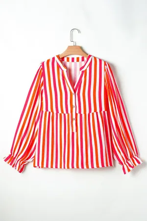 Azura Exchange Womens Stripe Balloon Sleeve Notched V Neck Buttoned Front Blouse Cotton - Size X-Large