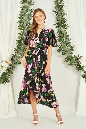 Mela Womens Floral Wrap Midi Dress With Frills - Size 24 UK