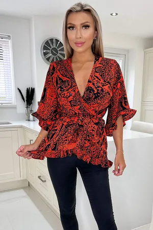 Ax Paris Womens Red And Black Printed Frill Hem Wrap Top - Size 8 UK
