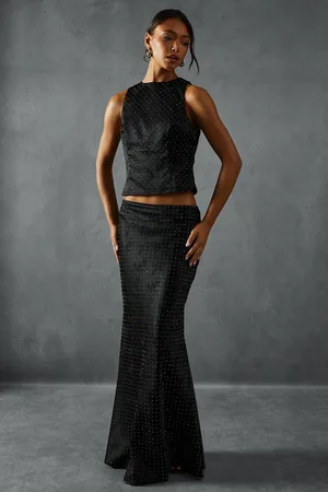 MissPap Womens Hotfix Diamante Satin Racer Top And Maxi Skirt Co-Ord - - Size 16 UK