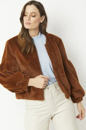 Jayley Womens Cashmer Efect Cropped Faux Fur Jacket with Puff Sleeves - - One Size