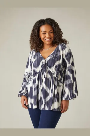 Live Unlimited London Womens Navy Geo Print Tie Neck Blouse - - Size 12 UK