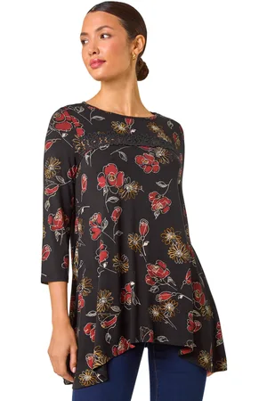 Roman Womens Floral Print Lace Trim Stretch Top - - Size 10 UK