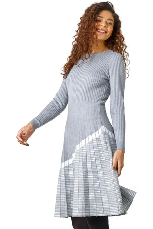 Roman Womens Pleated Border Ribbed Knit Dress - - Size 16 UK