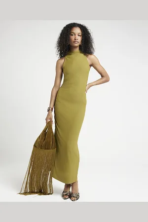 River Island Womens Bodycon Midi Dress Ruched High Neck - Size 14 UK