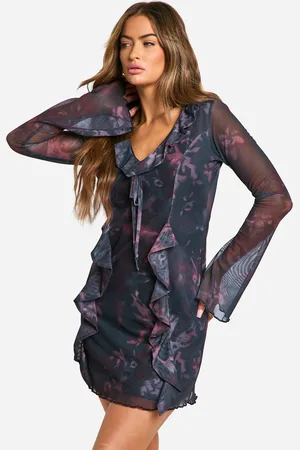 Boohoo Womens Blur Floral Mesh Flare Sleeve Mini Dress - - Size 8 UK