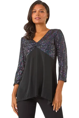 Roman Womens Sequin Bodice V-Neck Stretch Tunic Top - - Size 10 UK