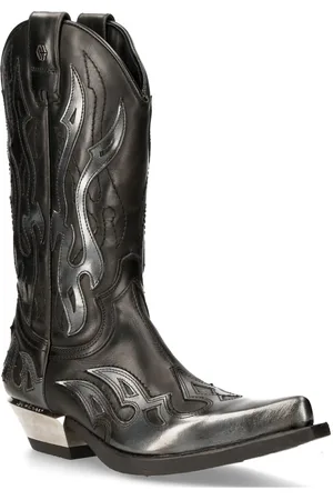New Rock Mens Flame Accented /Silver Leather Biker Cowboy Boots- M-7921-S3 - Size EU 42