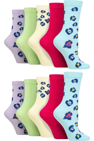 Wild Feet Womens - 10 Pack Ladies Bamboo Crew Socks with Dots, Leopard & Floral Pattern - - Size UK 4-8