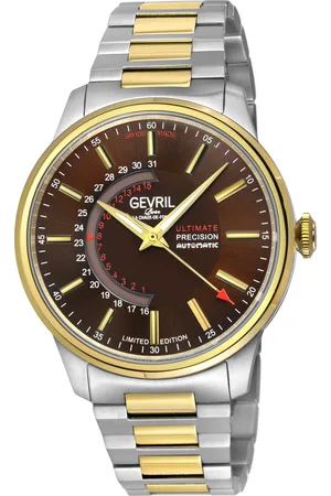 Gevril Mens Guggenheim Automatic 316L Stainless Steel Brown Dial, IP gold Satin and Polished Bracelet. - - One Size