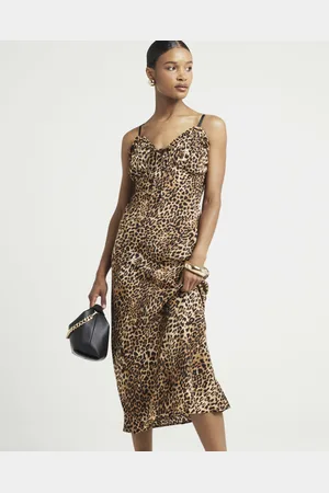 River Island Womens Slip Midi Dress Leopard Print Frill viscose - Size 6 UK