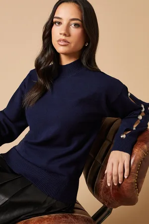 Oasis Womens Button Down Sleeve High Neck Jumper - - Size Small