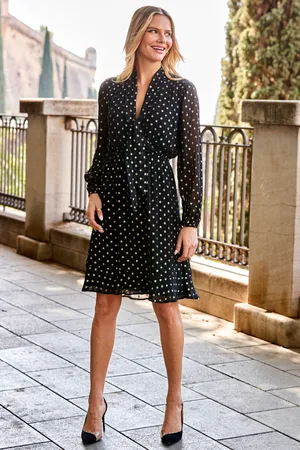 Sosandar Womens & Gold Metallic Spot Print Tie Neck Dress - Size 14 UK