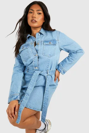 Boohoo Womens Plus Denim Tie Belt Shift Dress - Cotton - Size 26 UK