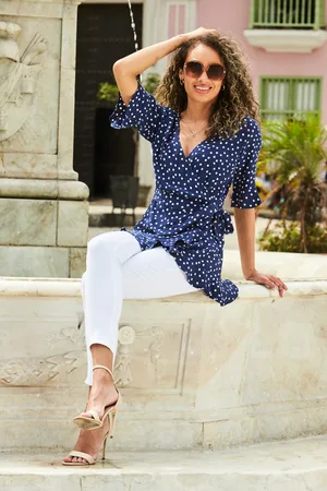 Sosandar Womens Navy & White Spot Print Ruffle Detail Wrap Top Viscose - Size 8 UK