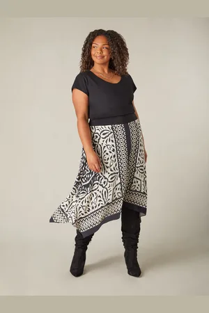 Live Unlimited London Womens Mono Placement Print Hanky Hem Skirt - - Size 18 UK