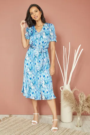 Mela Womens Abstract Print Tea Dress With Pleats And Front Split - Size 10 UK